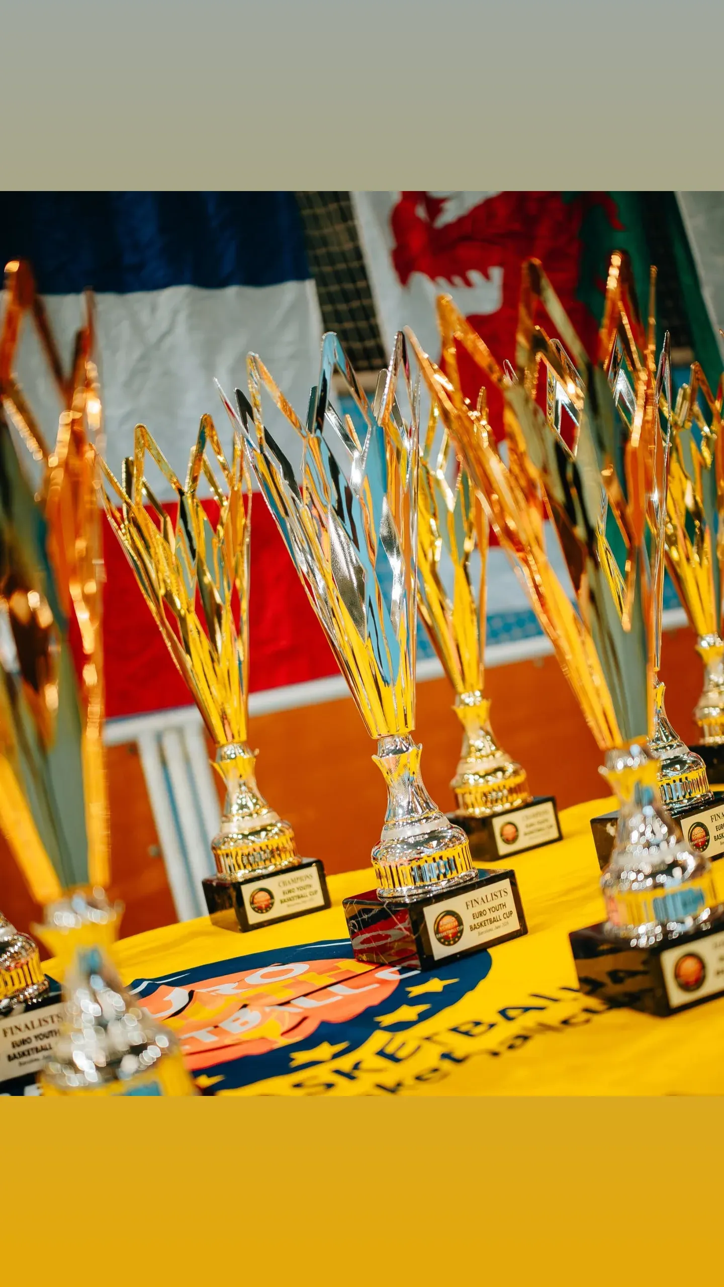 שולחן הגביעים של ⁨Euro Youth Basketball Cup⁩, מוכן לטקס הסיום